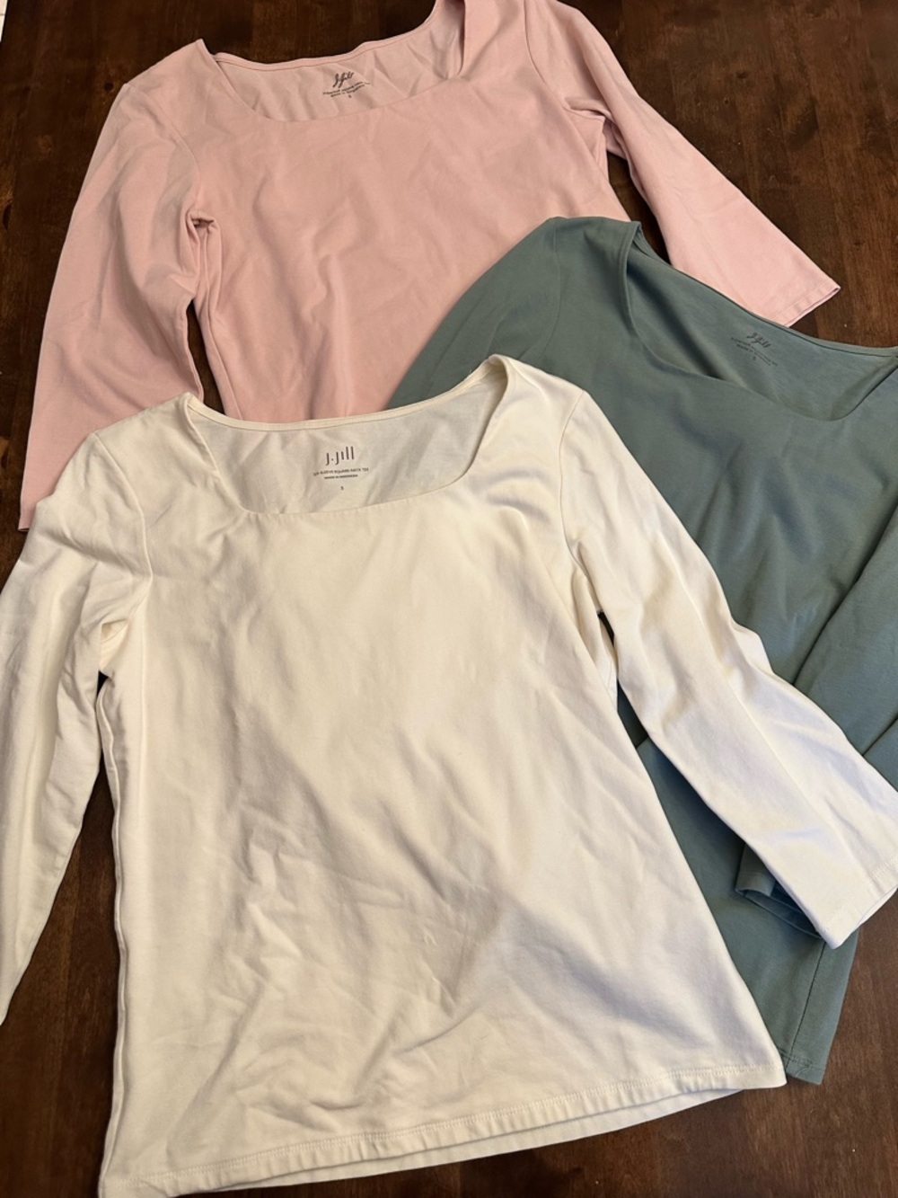 J Jill Bundle (3) Square NeckSupersoft Tee Shirts Green Ivory Pink Casual Comfy